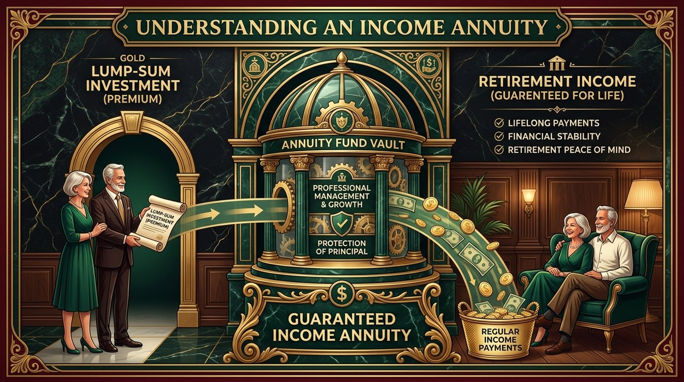 Understanding an income annuity: a lump-sum premium goes into the annuity fund vault, professionally managed with principal protection, and flows out as regular income payments guaranteed for life