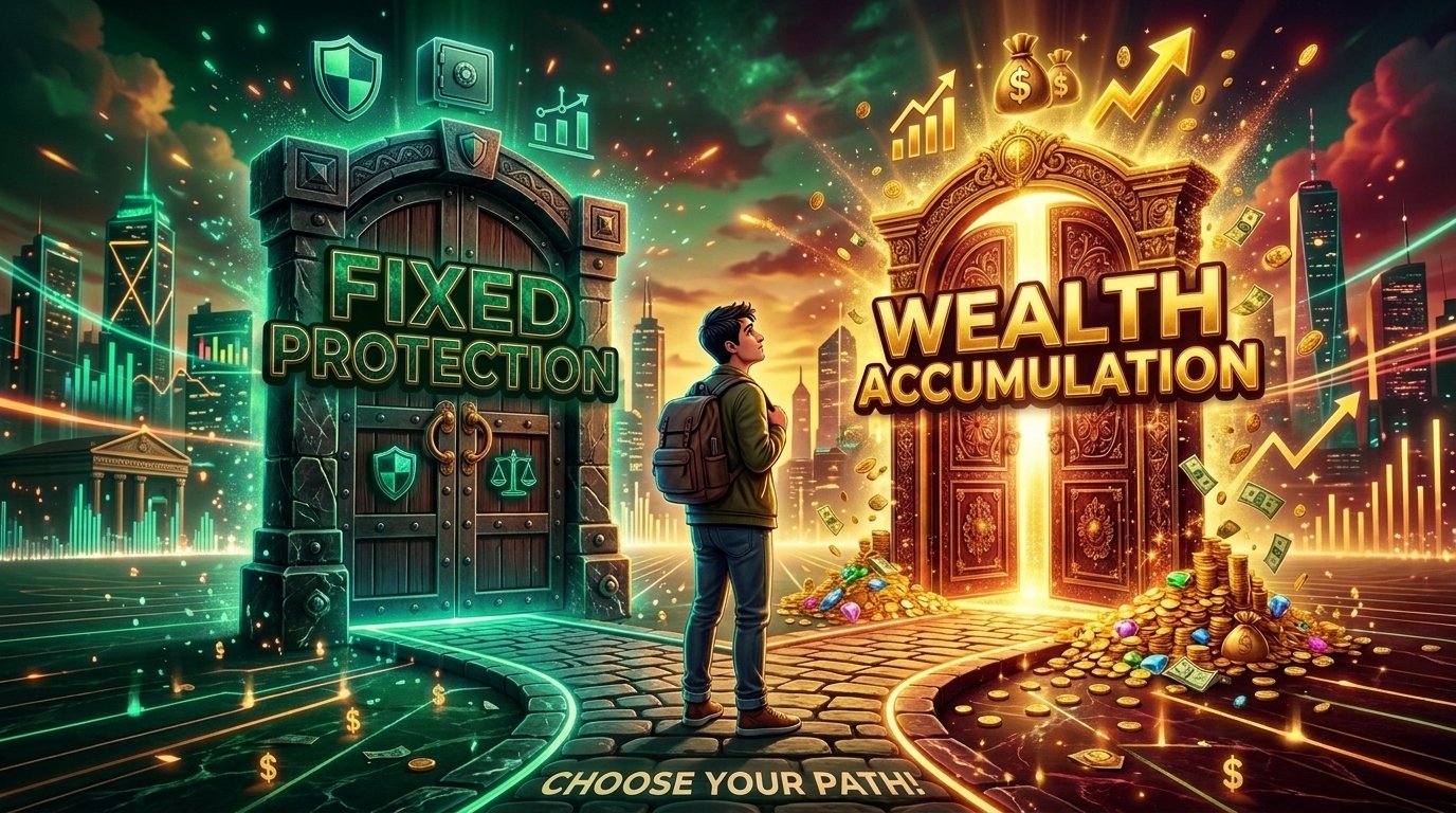 A person choosing between two doors: fixed protection on one side, wealth accumulation on the other