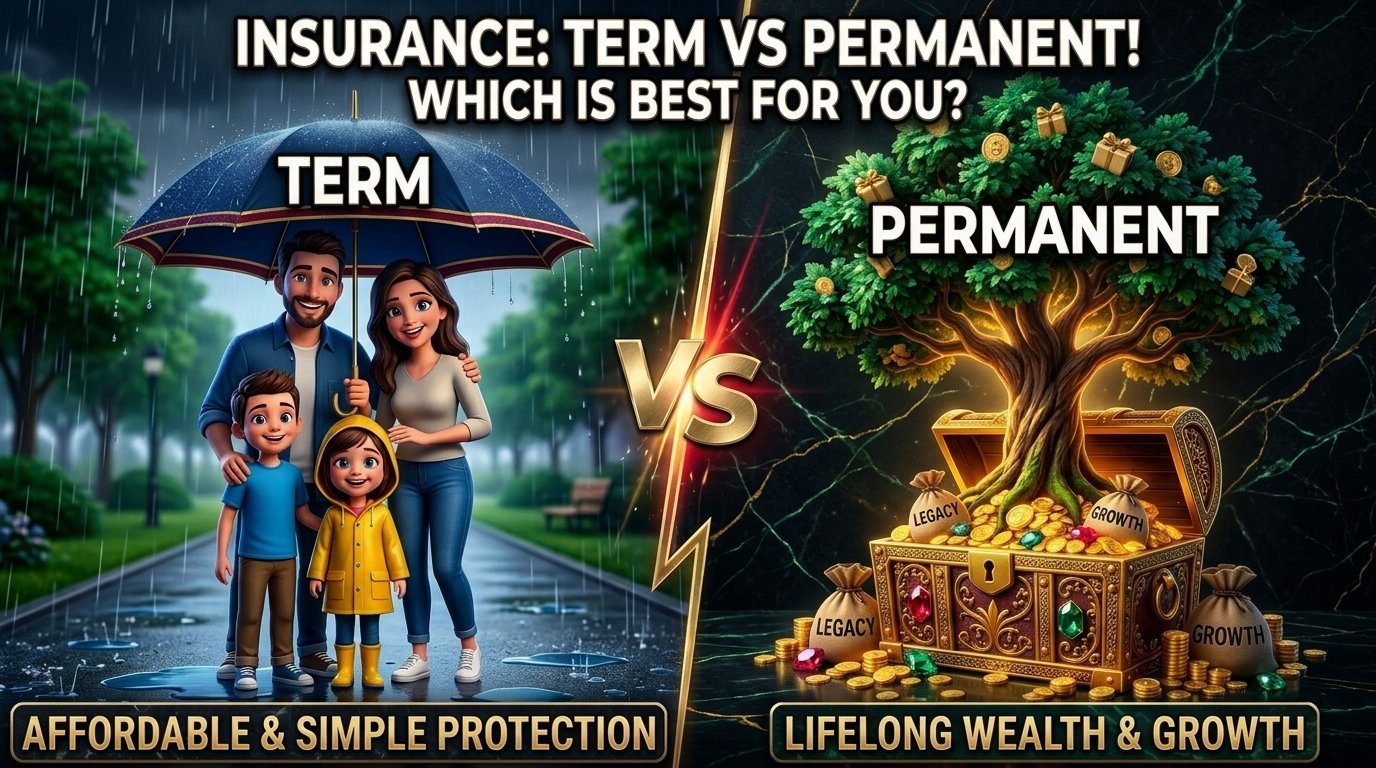 Term vs permanent life insurance: a family under an umbrella for affordable, simple protection, and a tree growing from a treasure chest for lifelong wealth and growth